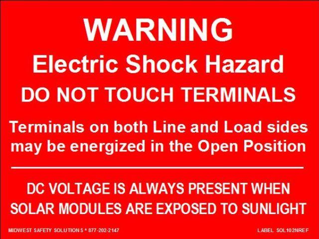 3" x 4" Engraved Solar Placard - "WARNING: ELECTRIC SHOCK HAZARD, DO NOT TOUCH TERMINALS....."